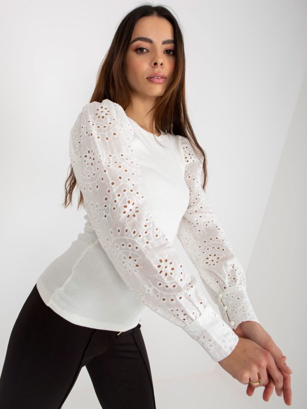 Wholesale White ribbed formal blouse with openwork sleeves OCH BELLA