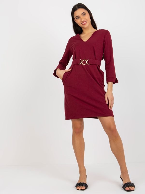 Wholesale Burgundy straight sweatshirt dress with pockets OCH BELLA