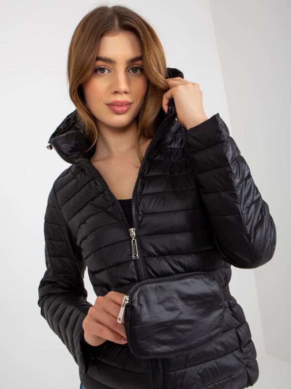 Wholesale Black Transitional Quilted Jacket with Hood and Handbag