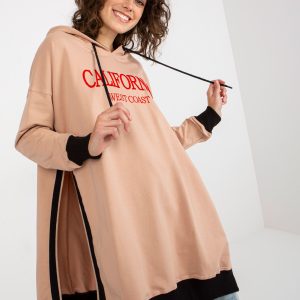 Wholesale Beige long oversized sweatshirt with hood and slits