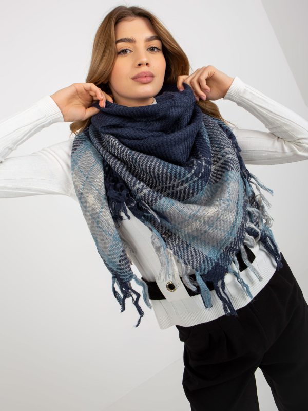 Wholesale Navy blue plaid women's scarf with fringes