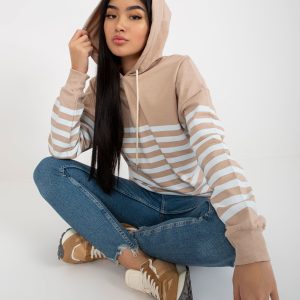 Wholesale Beige and white basic striped hoodie RUE PARIS