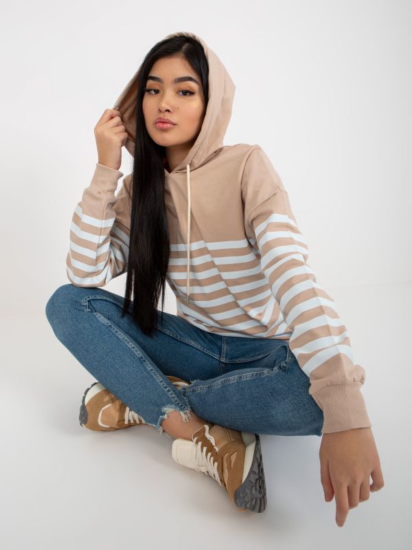 Wholesale Beige and white basic striped hoodie RUE PARIS