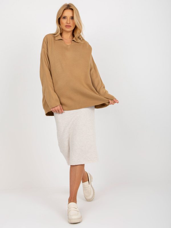 Wholesale Camel long oversized sweater with collar RUE PARIS