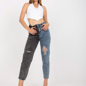 Wholesale Blue and black two-tone denim pants with holes RUE PARIS