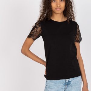 Wholesale Black casual blouse with lace on sleeves RUE PARIS