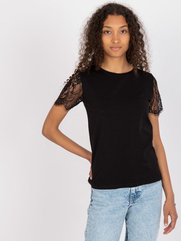 Wholesale Black casual blouse with lace on sleeves RUE PARIS