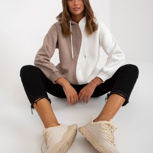 Wholesale Beige and white basic hoodie with pockets RUE PARIS