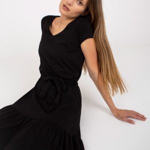 Wholesale Black basic cotton dress with tie RUE PARIS