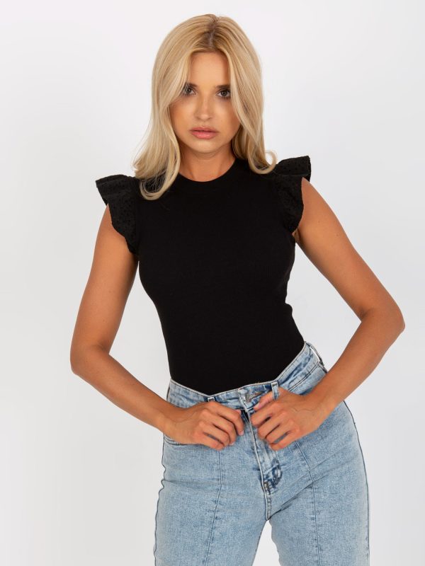 Wholesale Black Ribbed Short Sleeve Blouse RUE PARIS