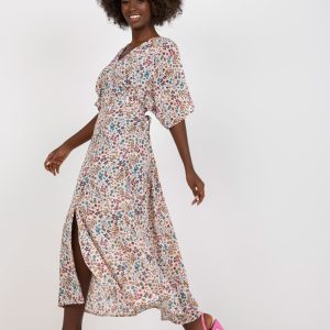 Wholesale Beige floral midi dress with short sleeves RUE PARIS