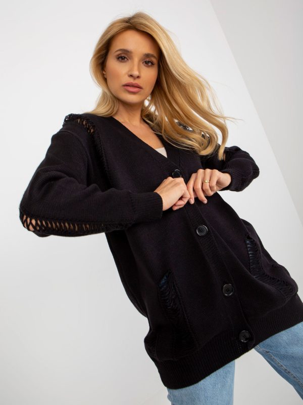 Wholesale Black Loose Cardigan with Holes RUE PARIS