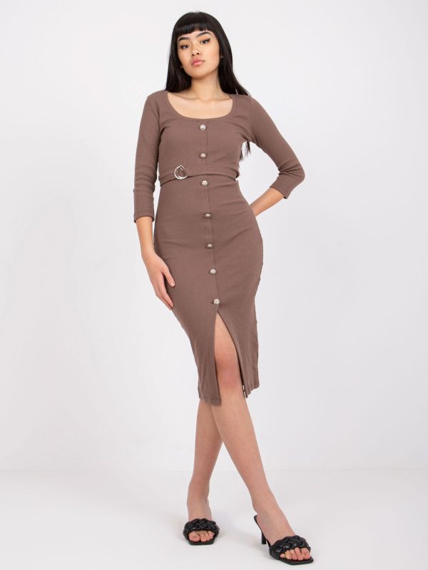 Wholesale Brown fitted ribbed dress with slit Dominican Republic RUE PARIS