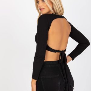 Wholesale Black ribbed basic blouse with open back RUE PARIS