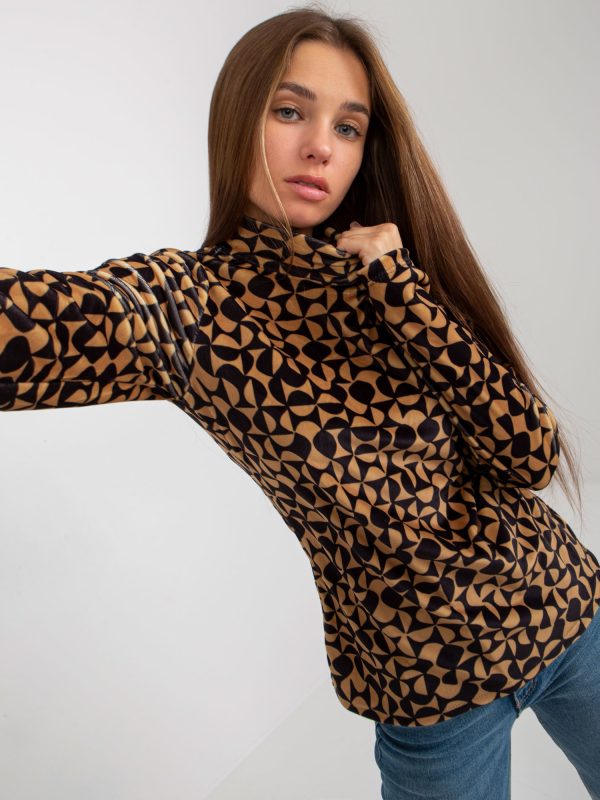 Wholesale Camel-black velour blouse with print and stand-up collar RUE PARIS