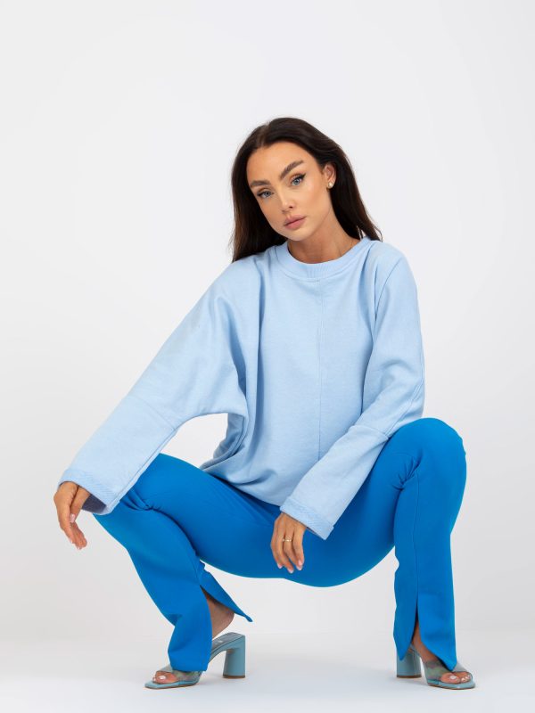 Wholesale Light blue basic women's sweatshirt with round neckline RUE PARIS