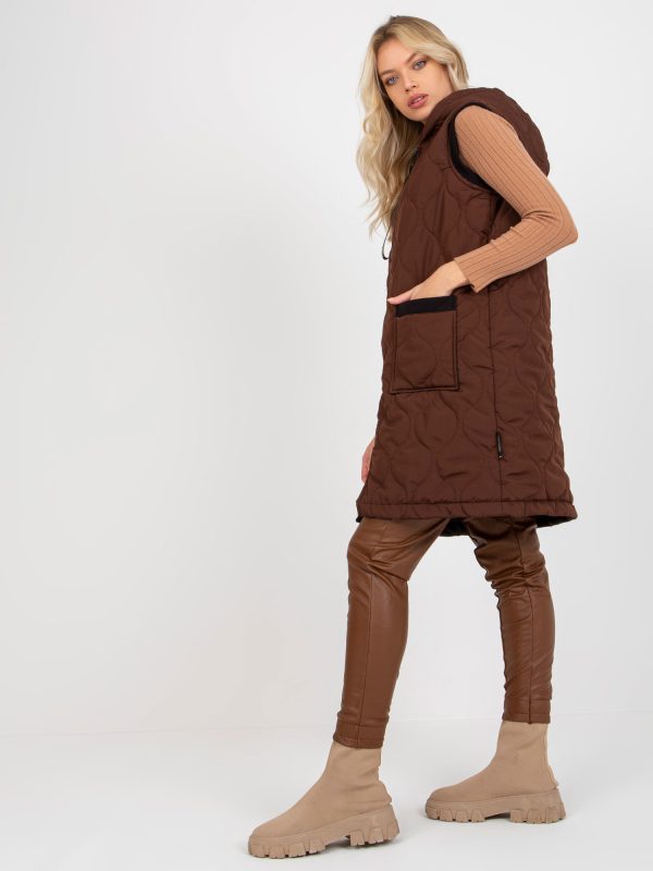 Wholesale Dark Brown Women's Quilted Vest with Hood RUE PARIS