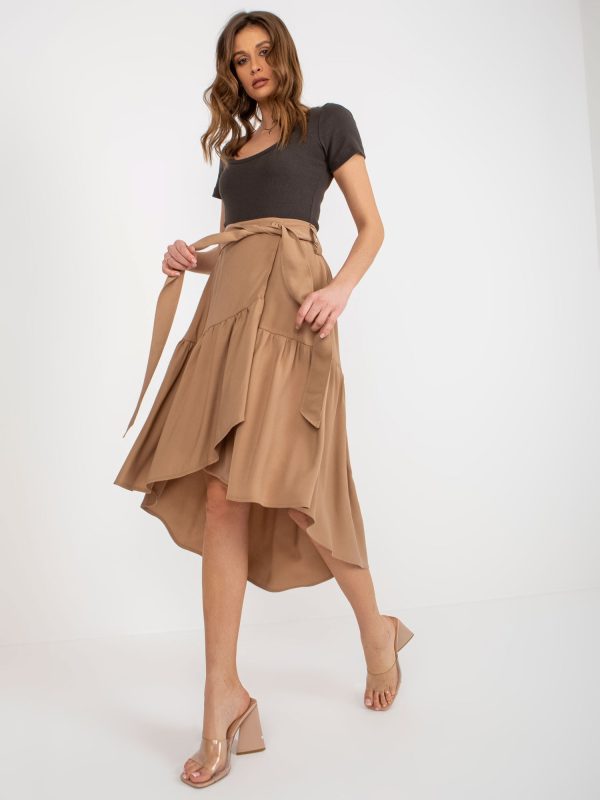 Wholesale Camel midi asymmetrical skirt with belt RUE PARIS