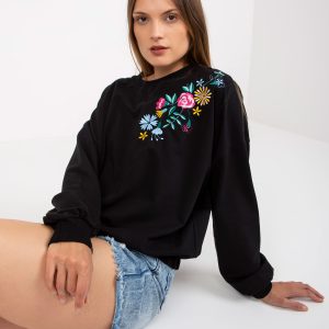 Wholesale Black hoodie with embroidered flowers RUE PARIS