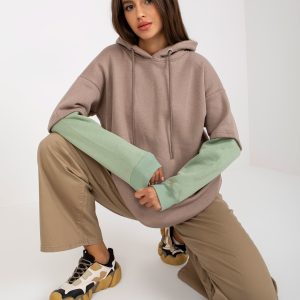 Wholesale Dark beige basic sweatshirt with hoodie and stripes RUE PARIS