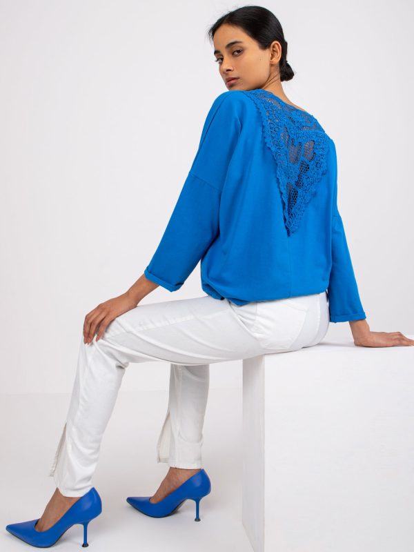 Wholesale Dark blue cotton blouse with lace Sylvie RUE PARIS