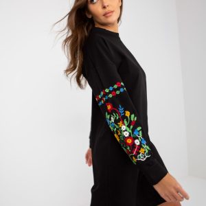 Wholesale Black mini sweatshirt dress with embroidery on sleeves RUE PARIS