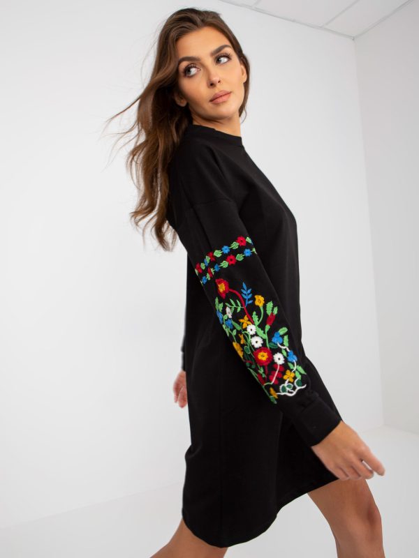 Wholesale Black mini sweatshirt dress with embroidery on sleeves RUE PARIS