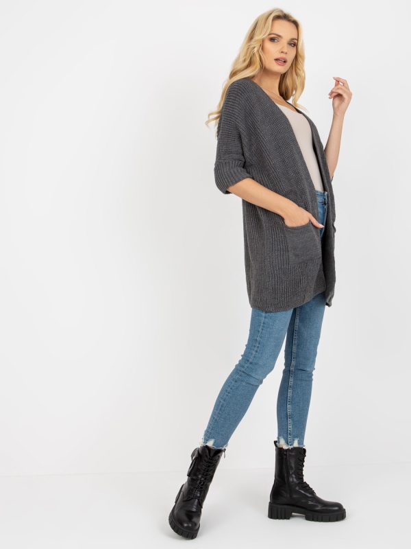 Wholesale Dark grey women's cardigan with pockets RUE PARIS