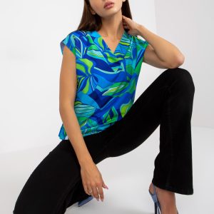 Wholesale Blue and green loose blouse with RUE PARIS patterns