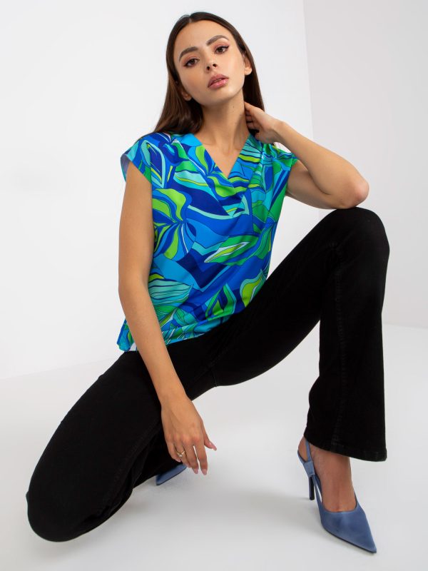 Wholesale Blue and green loose blouse with RUE PARIS patterns