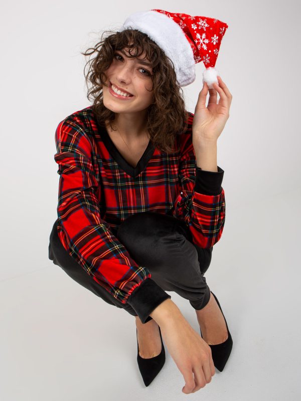 Wholesale Red velour set with plaid sweatshirt RUE PARIS