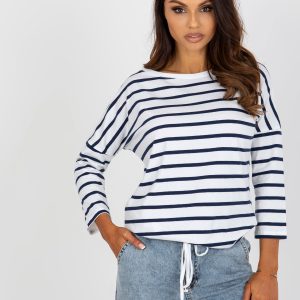 Wholesale White and navy blue striped blouse with 3/4 sleeves BASIC FEEL GOOD