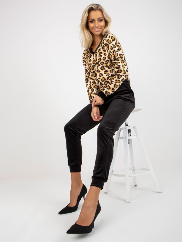 Wholesale Beige and black velvet set with leopard sweatshirt RUE PARIS