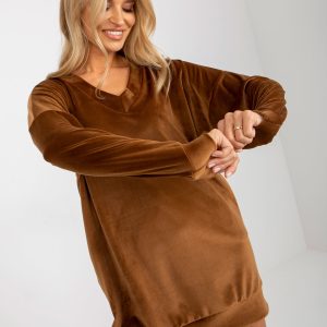 Wholesale Brown Loose V-Neck Velour Dress RUE PARIS