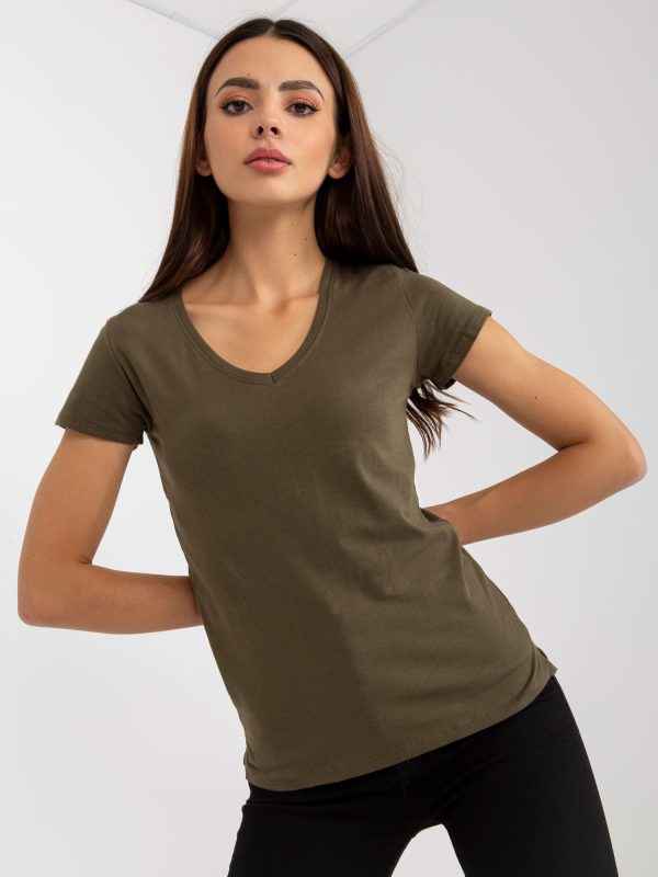 Wholesale Khaki plain basic t-shirt with V-neck