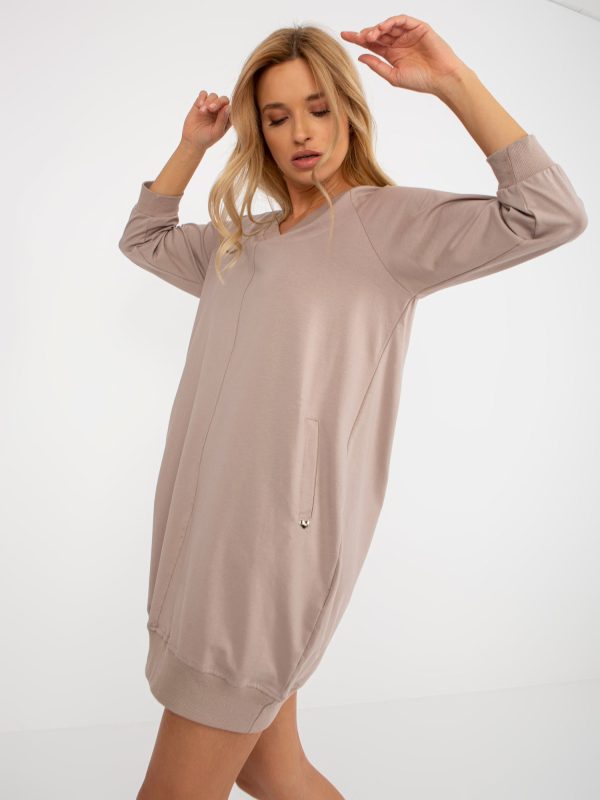 Wholesale Dark beige sweatshirt basic dress with V neck Salerno