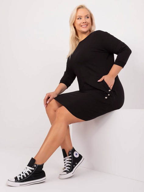 Black Plus Size Sweatshirt Dress With Buttons