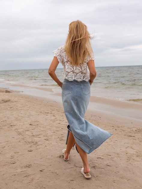 Light blue long denim skirt with belt