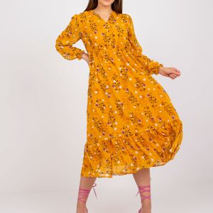 Wholesale Dark yellow midi dress with prints and ruffles RUE PARIS