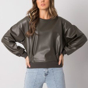 Wholesale Dark khaki sweatshirt with eco-leather insert Ancora RUE PARIS