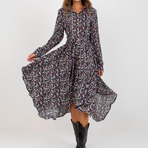 Wholesale Black asymmetrical dress with floral prints RUE PARIS