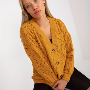 Wholesale Dark yellow openwork summer sweater with buttons RUE PARIS