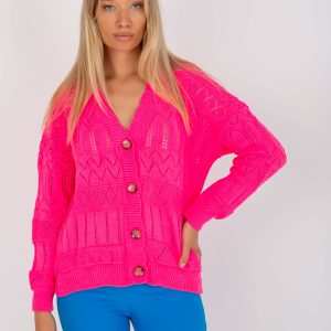 Wholesale Fluo pink openwork summer sweater with buttons RUE PARIS