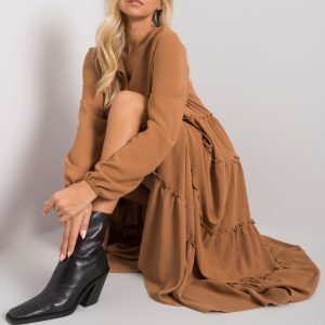 Wholesale Camel long dress with ruffle Atrani RUE PARIS