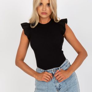 Wholesale Black Ribbed Short Sleeve Blouse RUE PARIS