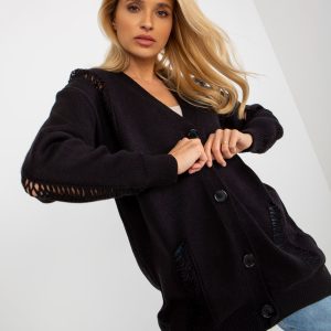 Wholesale Black Loose Cardigan with Holes RUE PARIS