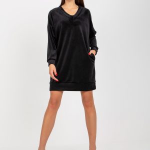 Wholesale Black velour casual dress with triangle neckline RUE PARIS