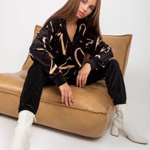 Wholesale Black and beige velour set with RUE PARIS print sweatshirt