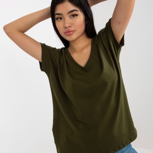 Wholesale Khaki Plain Basic T-Shirt with Emory V-Neckline