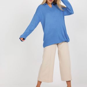 Wholesale Blue women's oversize sweater with collar RUE PARIS